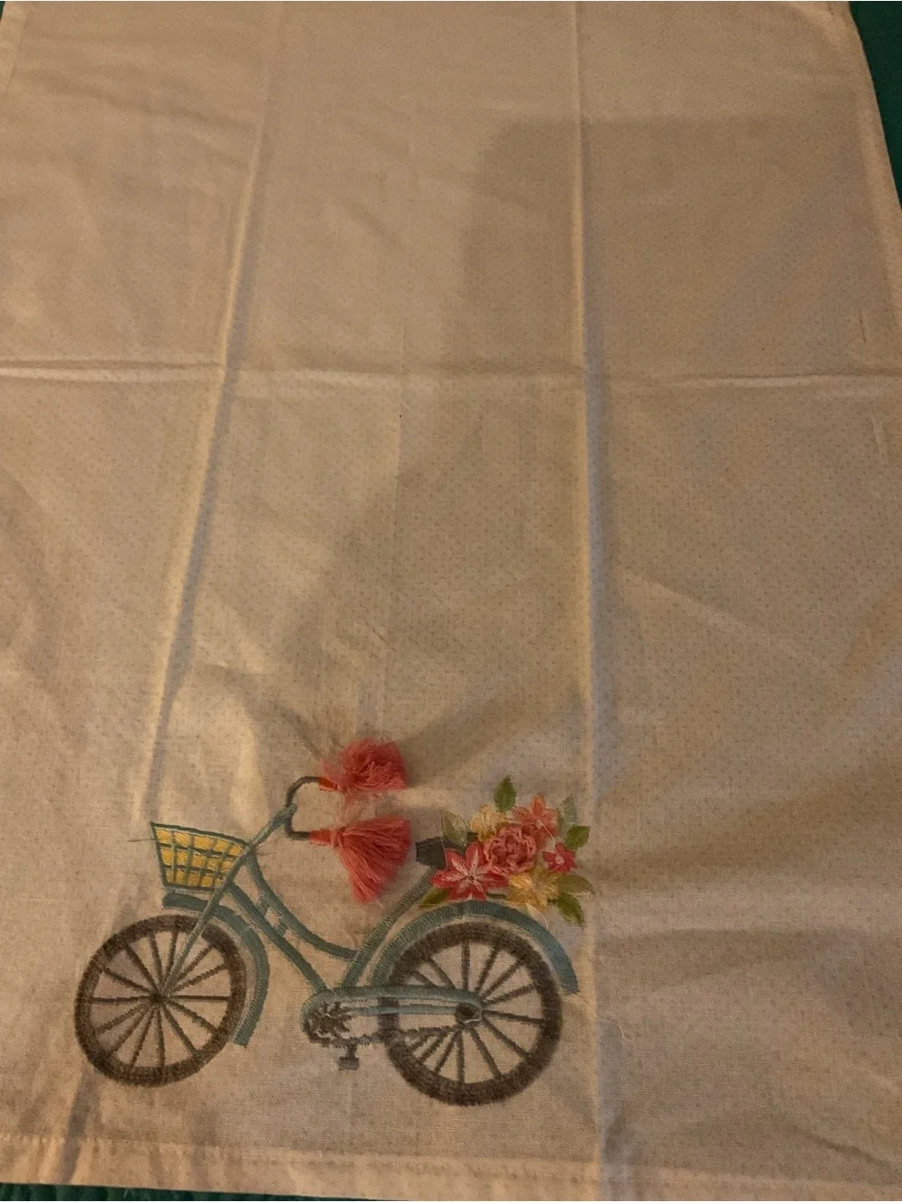 Embroidered Bicycle Cotton Kitchen Towel with Coral Tassels - White